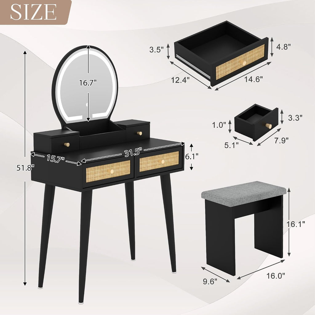 Brafab Small Vanity Desk with Stool for Bedroom, Boho Rattan Compact Makeup Vanity Table with 3 Modes Adjustable LED Mirror, 31' Space Saving Dressing Table Vanity Set, Black
