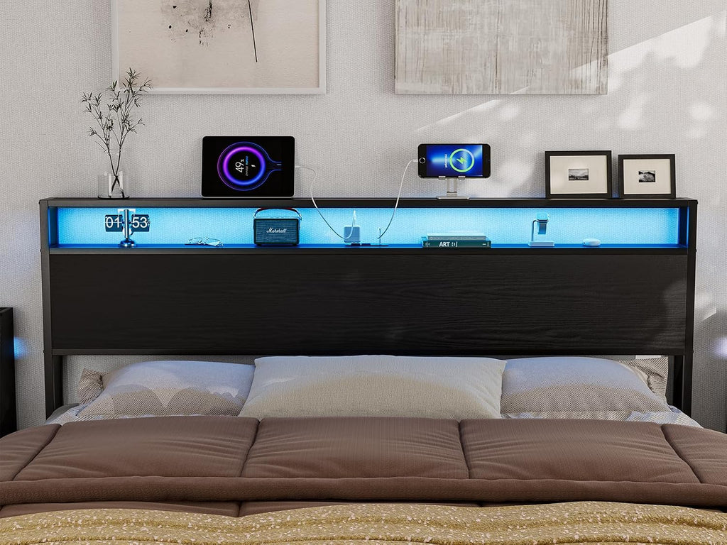 King Size Storage Headboard with Charging Station - 2 Outlets & 2 USB Ports - Farmhouse LED Lights Storage Shelf, Metal and Wood King Headboard, Attach Frame - Black