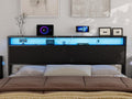 King Size Storage Headboard with Charging Station - 2 Outlets & 2 USB Ports - Farmhouse LED Lights Storage Shelf, Metal and Wood King Headboard, Attach Frame - Black