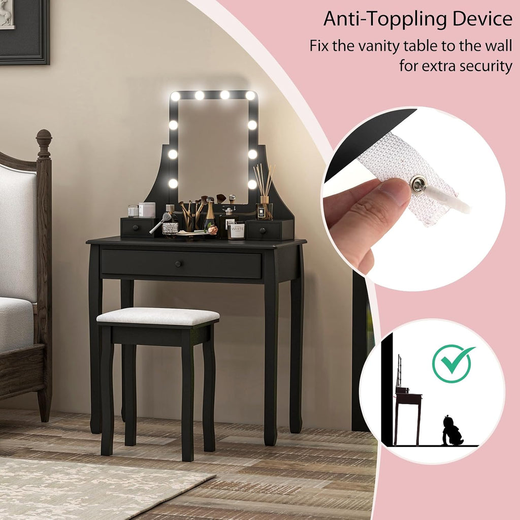 CHARMAID Makeup Vanity Desk with Lighted Mirror, 3 Color Lighting Modes, Adjustable Brightness, 3 Drawers, Removable Dividers, Bedroom Dressing Table Vanity Set with Stool for Girls Gift (Black)