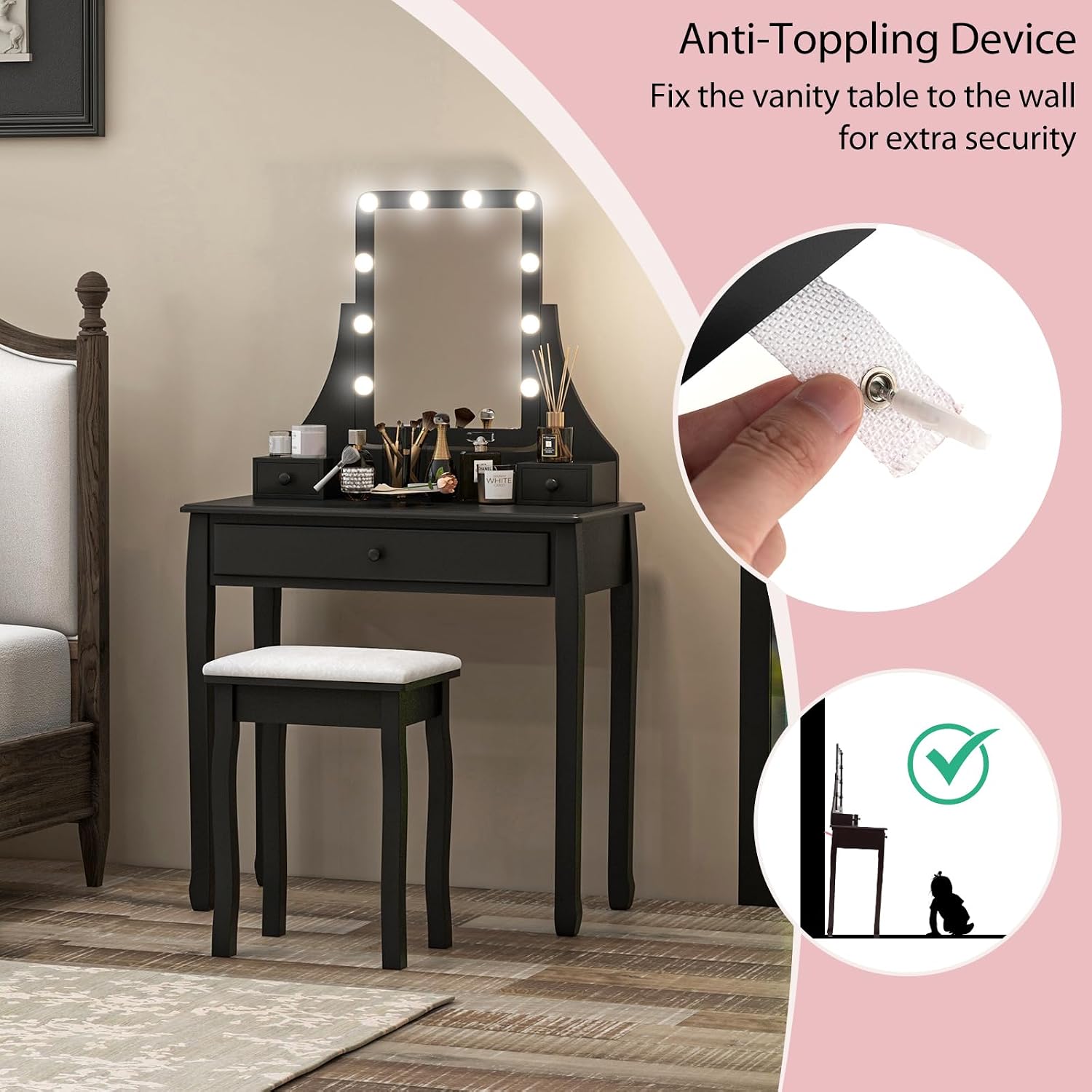 CHARMAID Makeup Vanity Desk with Lighted Mirror, 3 Color Lighting Modes, Adjustable Brightness, 3 Drawers, Removable Dividers, Bedroom Dressing Table Vanity Set with Stool for Girls Gift (Black)