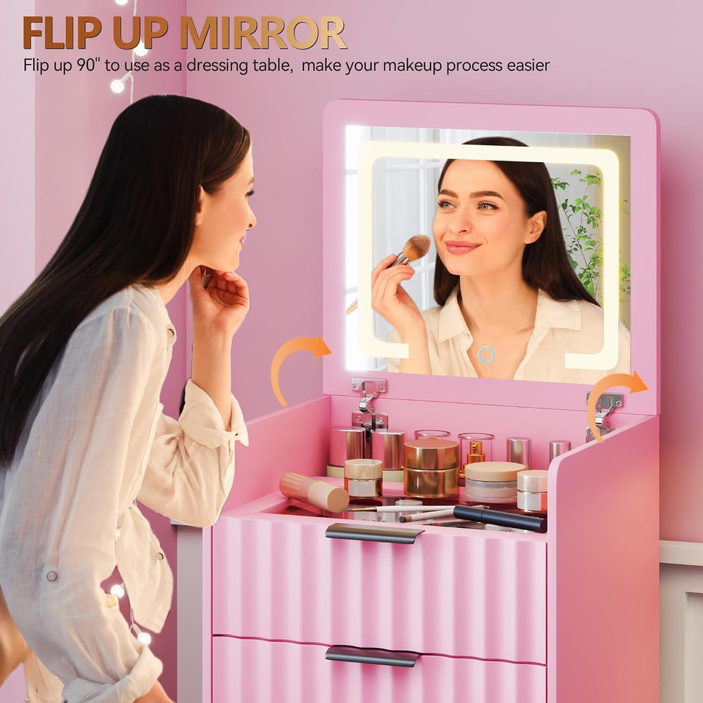 3-in-1 Small Vanity Desk with Flip Top Mirror and Lights,Fluted Compact Makeup Vanity with Storage Stool and Drawers,Mini Vanity Table Set for Bedroom Furniture,Pink