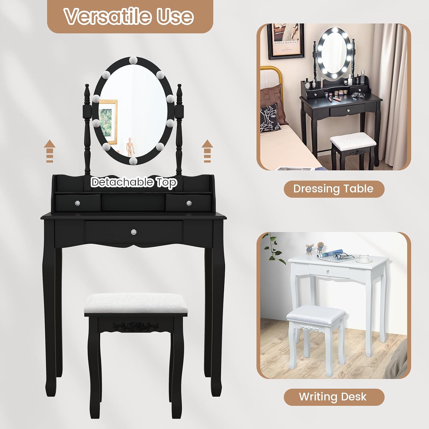 GOFLAME Vanity Table Set with Rotatable Mirror, Makeup Vanity Desk with 3-Color Dimmable LED Lights, 3 Drawers and Cushioned Stool, Dressing Table Set for Bedroom Studio (Black)