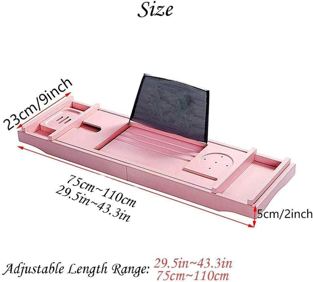 Bamboo Bathtub Caddy Tray with Glass Holder Expandable Design for Most Bathtubs Sturdy Stylish and Pink 75 110 * 23 * 5cm