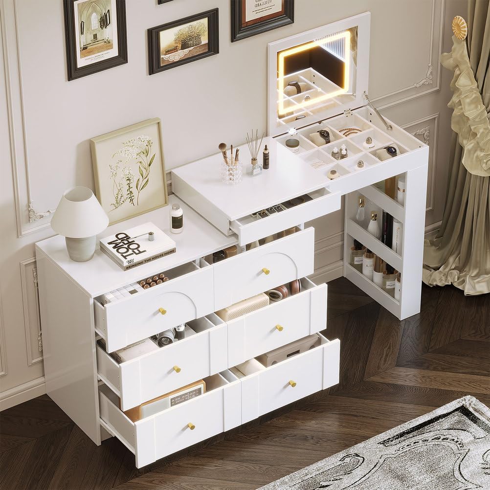 60'' Vanity Desk with Flip-Top Mirror & LED Lights, Convertible L-Shaped Makeup Vanity Table with 6 Drawers, Shelves & Storage Compartments, Modern Corner Dressing Table for Bedroom,White