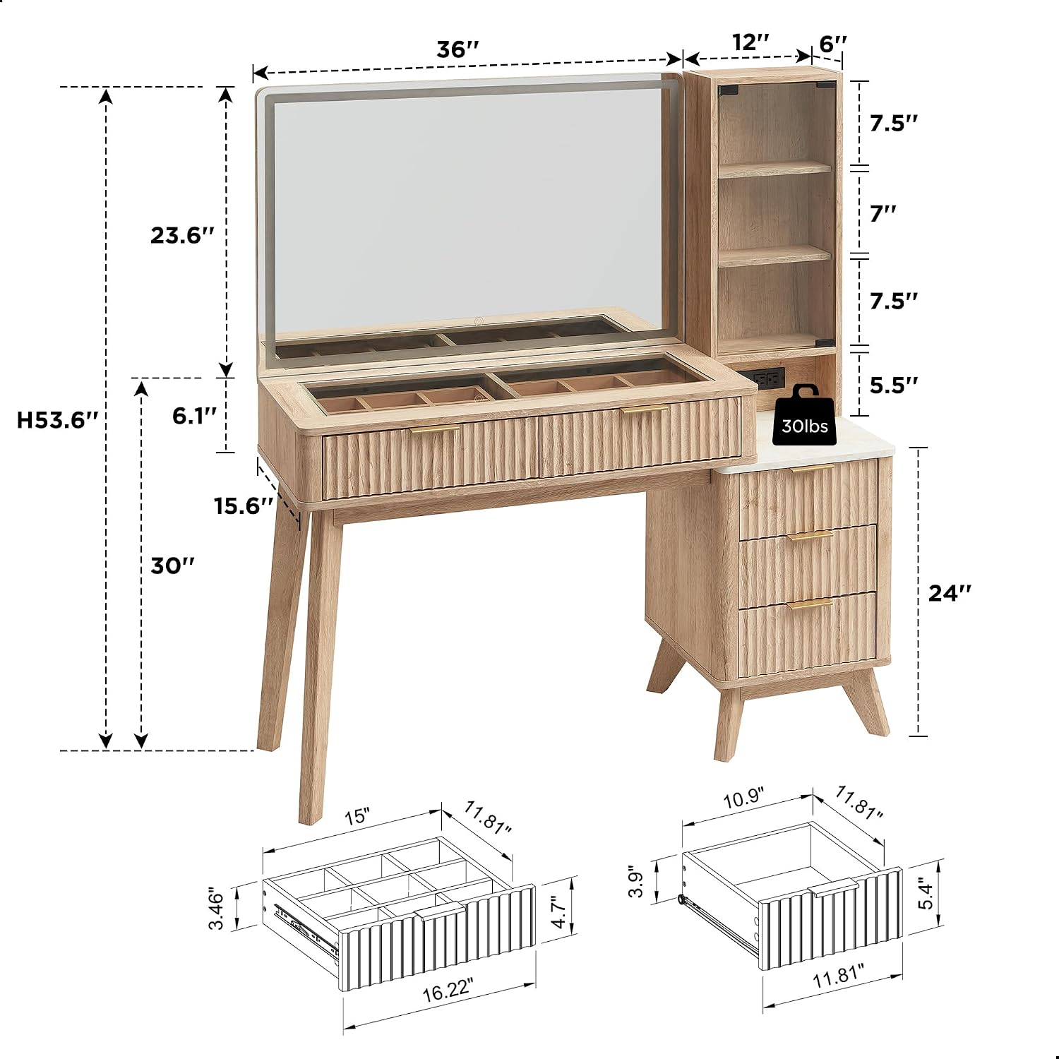 T4TREAM 48' Fluted Makeup Vanity Desk with Large 36' Mirror and Lights, Modern Glass Top Big Vanity Table with 5 Drawers & Adjustable Shelves, Dressing Table Set w/Charging Station for Bedroom, Oak