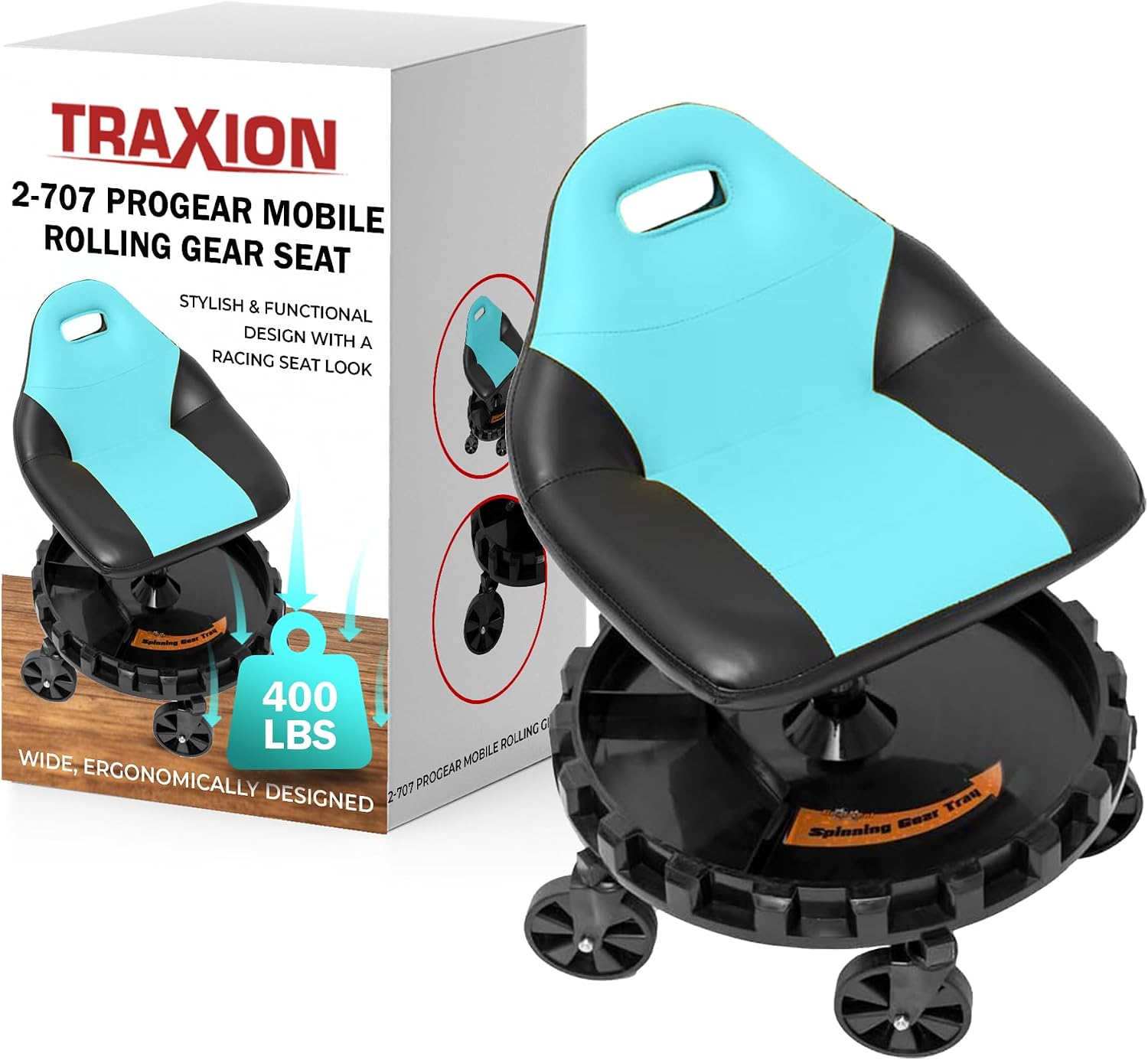 Traxion 2-707 Progear Mobile Rolling Gear Seat – Aqua Edition with Adjustable Height, Equipment Tray, and Five 5' All-Terrain Casters for Mechanics and Workshop Use