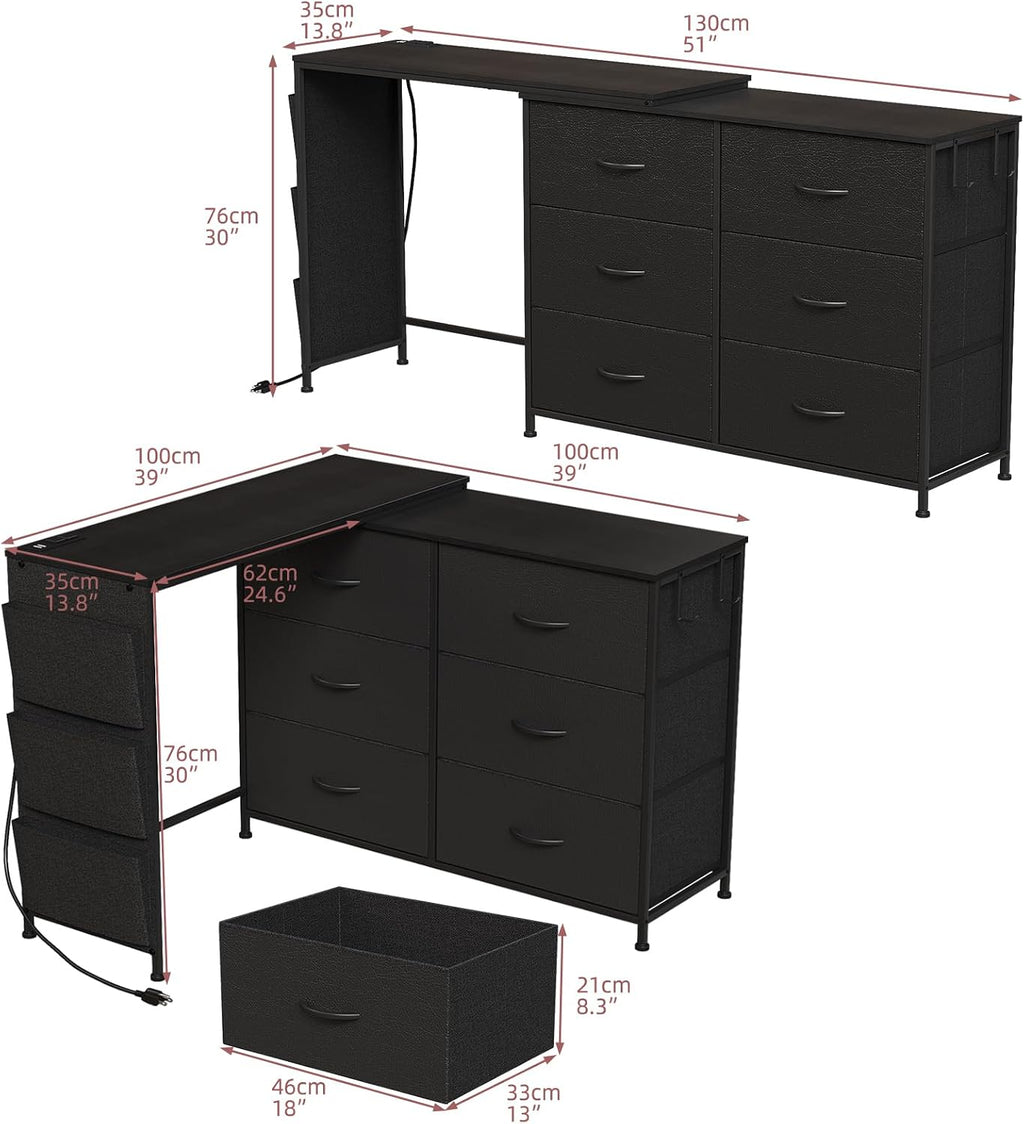 Simoretus Modern Corner Vanity Desk with 6 Fabric Drawers Power Outlet Side Pocket L Shaped Drawers Makeup Desk Dressing Table for Girls Women Bedroom (Black)