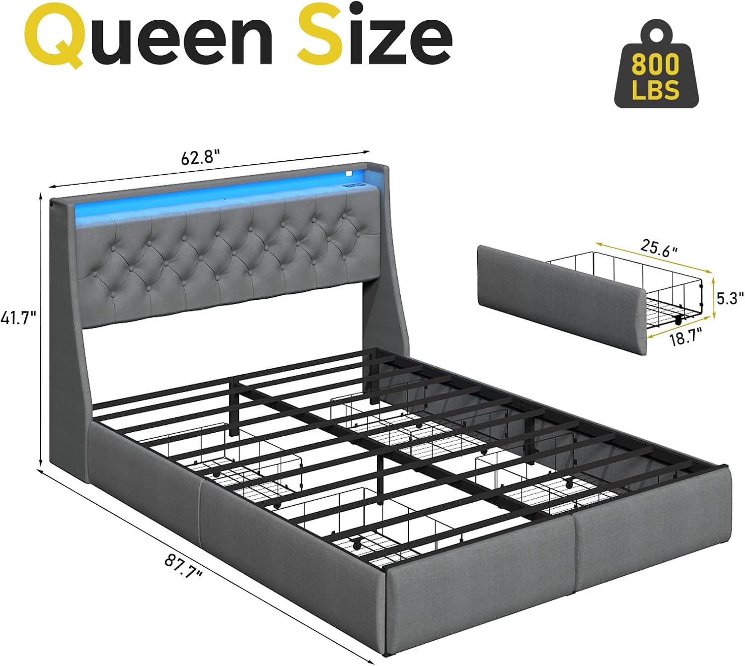 SADENICEL Queen Bed Frame with Storage Headboard and 4 Drawer, Metal Platform Bed Frame Queen Size with LED Light, Charging Station, No Box Spring Needed, Noise Free, Easy Assembly, Grey