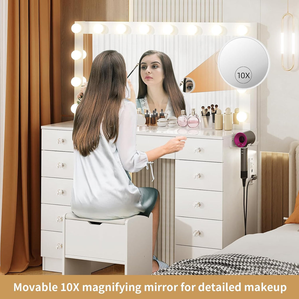 VOWNER Vanity with Lighted Mirror - Makeup Vanity Desk with 11 Drawers and Outlet, 3 Color Lighting Modes Adjustable Brightness, 46' Vanity Table with Soft Cushioned Stool for Bedroom, Marble