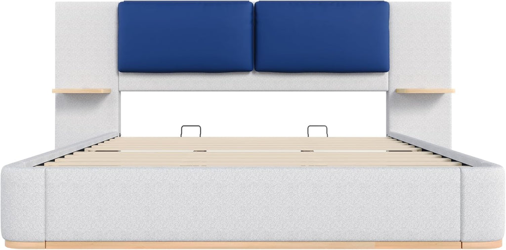 Luxury Bed Frame with Nightstands Modern Bedroom Set, Grey King Size Floor Platform Bed with Oversize Soft Upholstered Tall Headboard Bedframe, No Box Spring Needed (Blue+Grey, King)