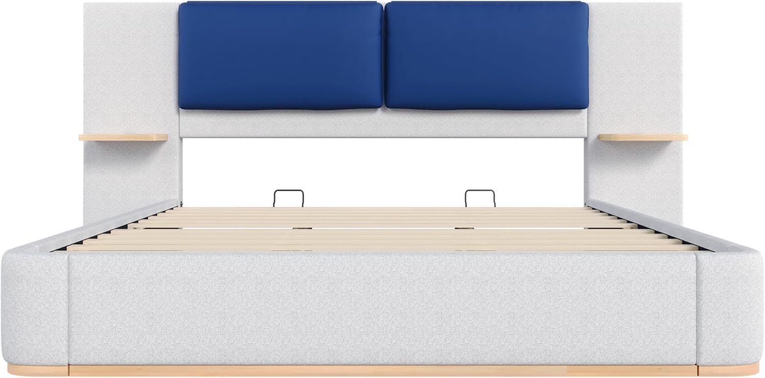 Luxury Bed Frame with Nightstands Modern Bedroom Set, Grey King Size Floor Platform Bed with Oversize Soft Upholstered Tall Headboard Bedframe, No Box Spring Needed (Blue+Grey, King)