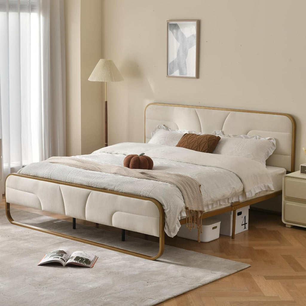 VELOCAVA Rounded Metal Upholstered Bed King with Unique Headboard, Soft Velvet Platform Bed Storage Supported by Metal Base and Wooden Slats, No Box Spring Needed,Gold & Cream