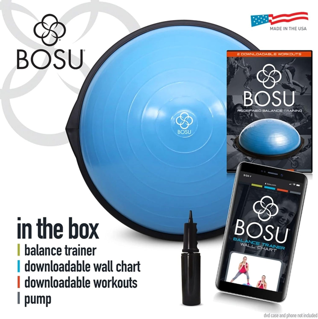 Bosu Balance Ball Exercise Trainer, Home Gym Equipment w/Guided Workouts & Pump, 26' Inflatable Fitness Platform for Strength Training, Standing, Balancing, and Core Workout