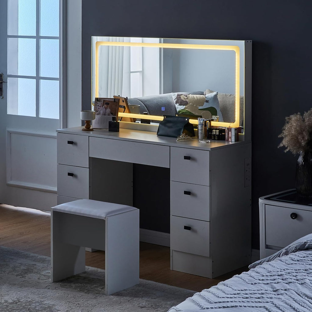 CLIPOP Makeup Vanity Desk with Large Lighted Mirror, Makeup Table with 7 Drawers, Power Outlet, Touch Control 3 Color Modes & Adjustable Brightness LED Strip, Cushioned Stool | Bedroom Dressing Table
