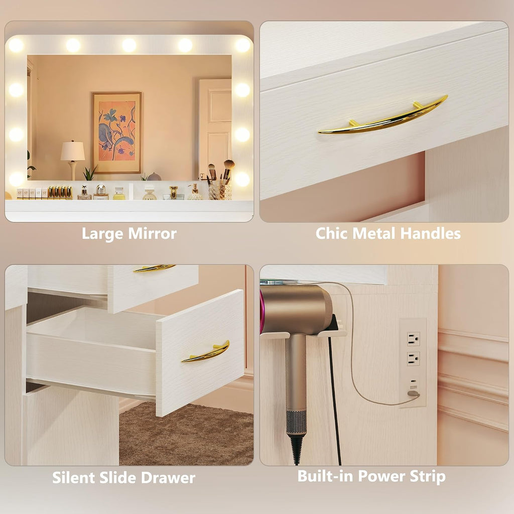 Large Vanity Desk with Mirror and Lights, 50' Wide Makeup Vanity Table, 3 Lighting Modes, Built-in Power Outlet, 5 Drawers & 2 Cabinets, Spacious 23.6' Legroom, Milky White