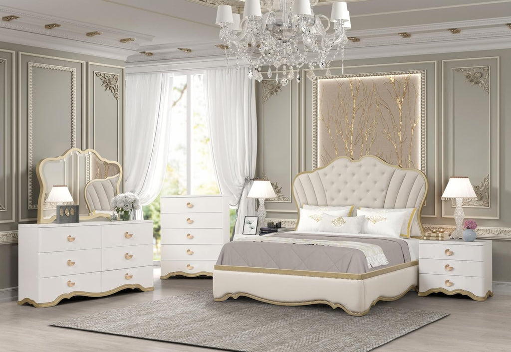 First of a Kind Athena Luxury 4-Piece King Bedroom Set in Ivory with Light Gold Finish – Traditional European Classical Bedroom Furniture Collection by Cosmos Furniture