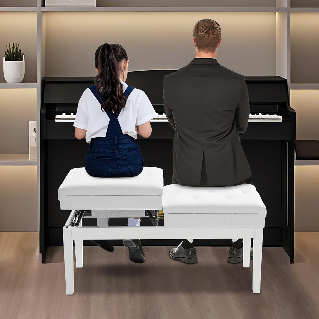 AngelcityCC Longer Duet Piano Bench with Storage, Adjustable Height Double Keyboard Piano Bench Seat with PU Leather Cushion