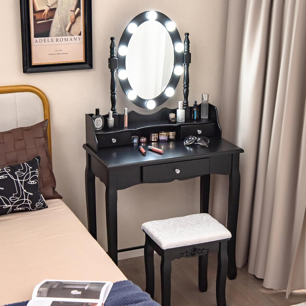 GOFLAME Vanity Table Set with Rotatable Mirror, Makeup Vanity Desk with 3-Color Dimmable LED Lights, 3 Drawers and Cushioned Stool, Dressing Table Set for Bedroom Studio (Black)