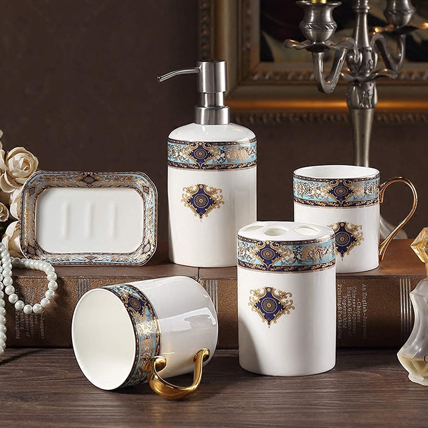 Vanity Bathroom Decor, Retro Design Ceramic Bathroom Accessory Set Bohemian Blue Bath Accessories Bath Set European Style Set Housewarming Gift(5-Piece Set)