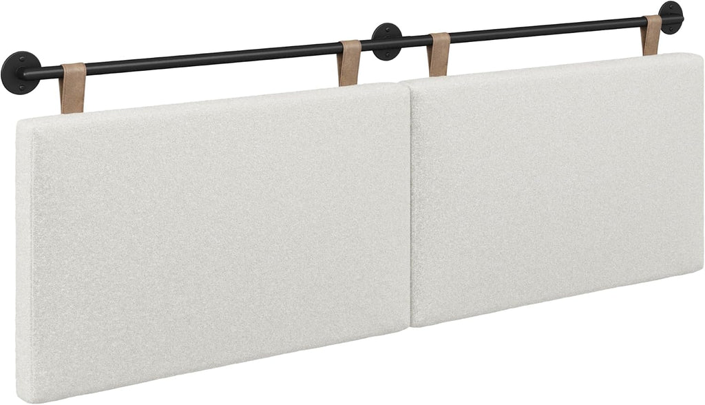 Nathan James Charlie Wall Mount Hanging Upholstered Headboard, Queen, White Boucle with Brown Faux Leather Straps