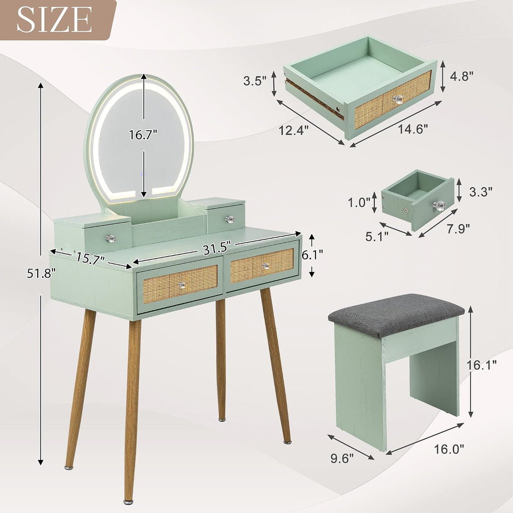 Brafab 31' Boho Natural Rattan Vanity Desk Set with 3 Modes Adjustable Lighted Mirror and Cushioned Stool, Modern Compact Design Makeup Table for Bedroom, Cute Dressing Table for Small Space, Mint