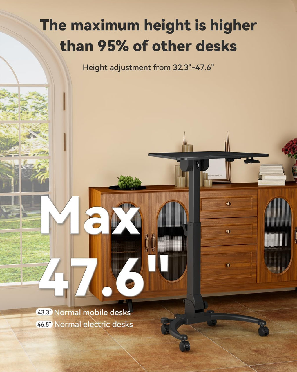 JOY worker Foldable Mobile Standing Desk, Upgraded Height Adjustable Rolling Desk, Max Height 47.6', 90° Tiltable Board & Base, Portable Workstation with Moveable Wheels, Holds Up to 22lbs, Black