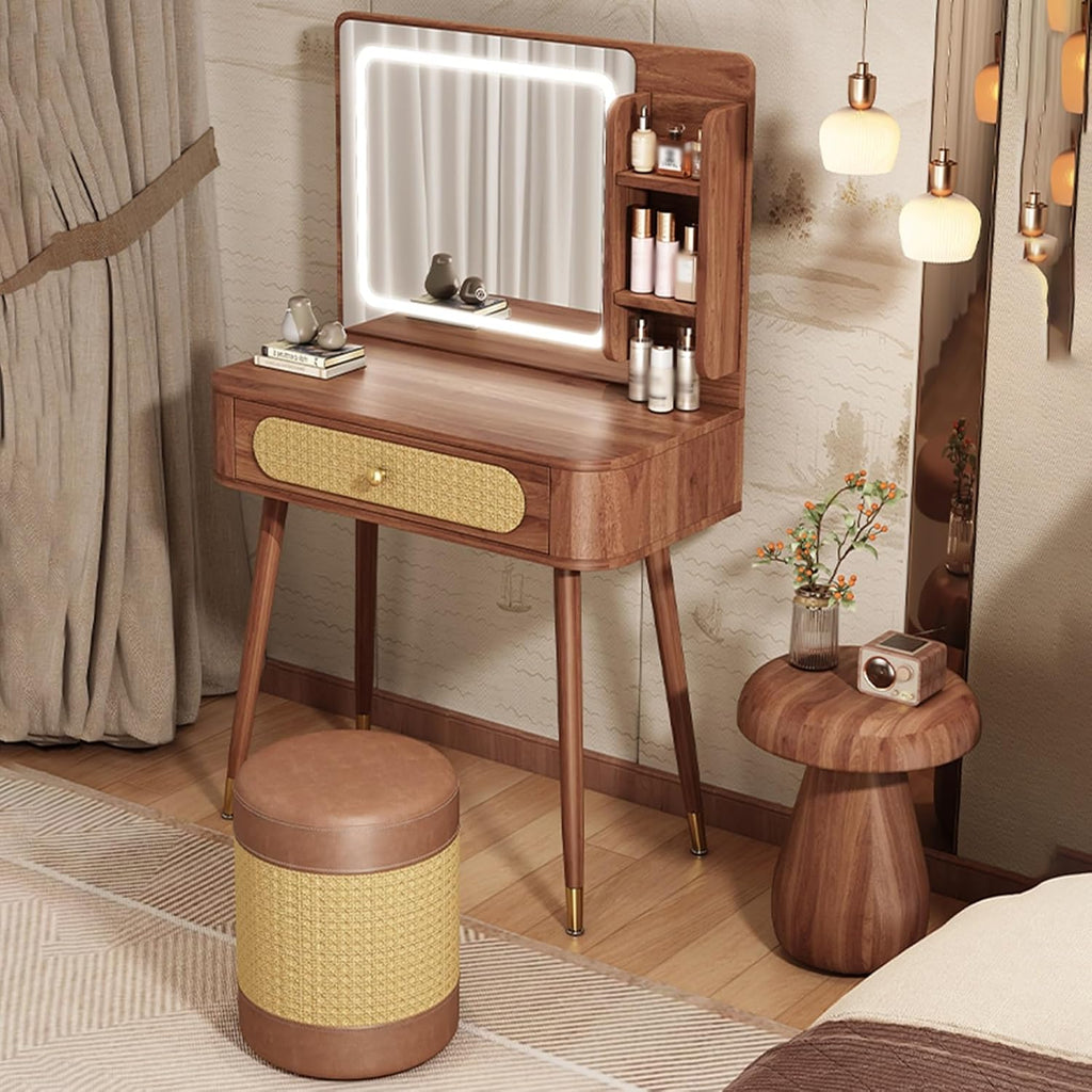 Vanity Mirror with Lights,small Make Up Vanity Desk Medieval Style,with 3 Color Touch Screen Dimming Mirror,with 1 Drawers,Large Vanity Tabel Set,Storage Bench Bedroom Small Space(80cm/31.5in)