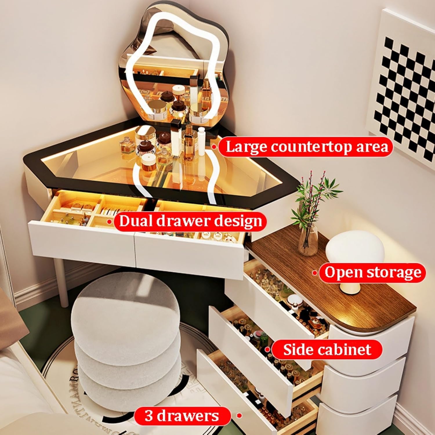 Modern L-Shaped Vanity Table, Makeup Vanity with Drawers & Side Cabinet, Corner Vanities Desk, Dressing Table Set, Jewelry Organizers, Solid Wood Storage Shelves for Bedroom(Black,60cm)