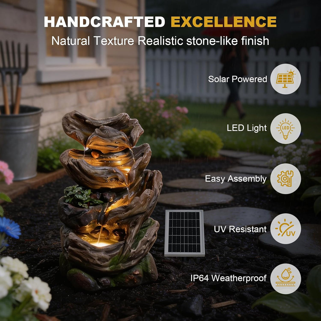 Solar Water Fountain Outdoor, 27' H 4-Tier Realistic Tree Trunk Cascading Waterfall with 4000mAh Battery Backup & 3000K LED Lights, IP64 Weatherproof Resin Fountain for Garden, Patio, Deck Decor