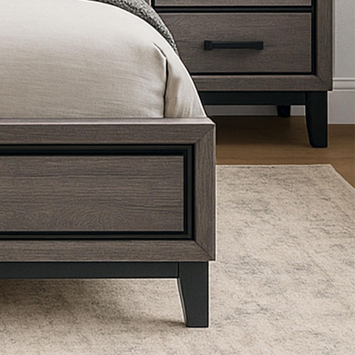 Kings Brand Furniture 2-Piece Deep Gray Finish with Tapered Legs & Matte Black Hardware Bedroom Set – Elegant Bedroom Furniture Wood Bed Frame with 1 Nightstand (Queen)
