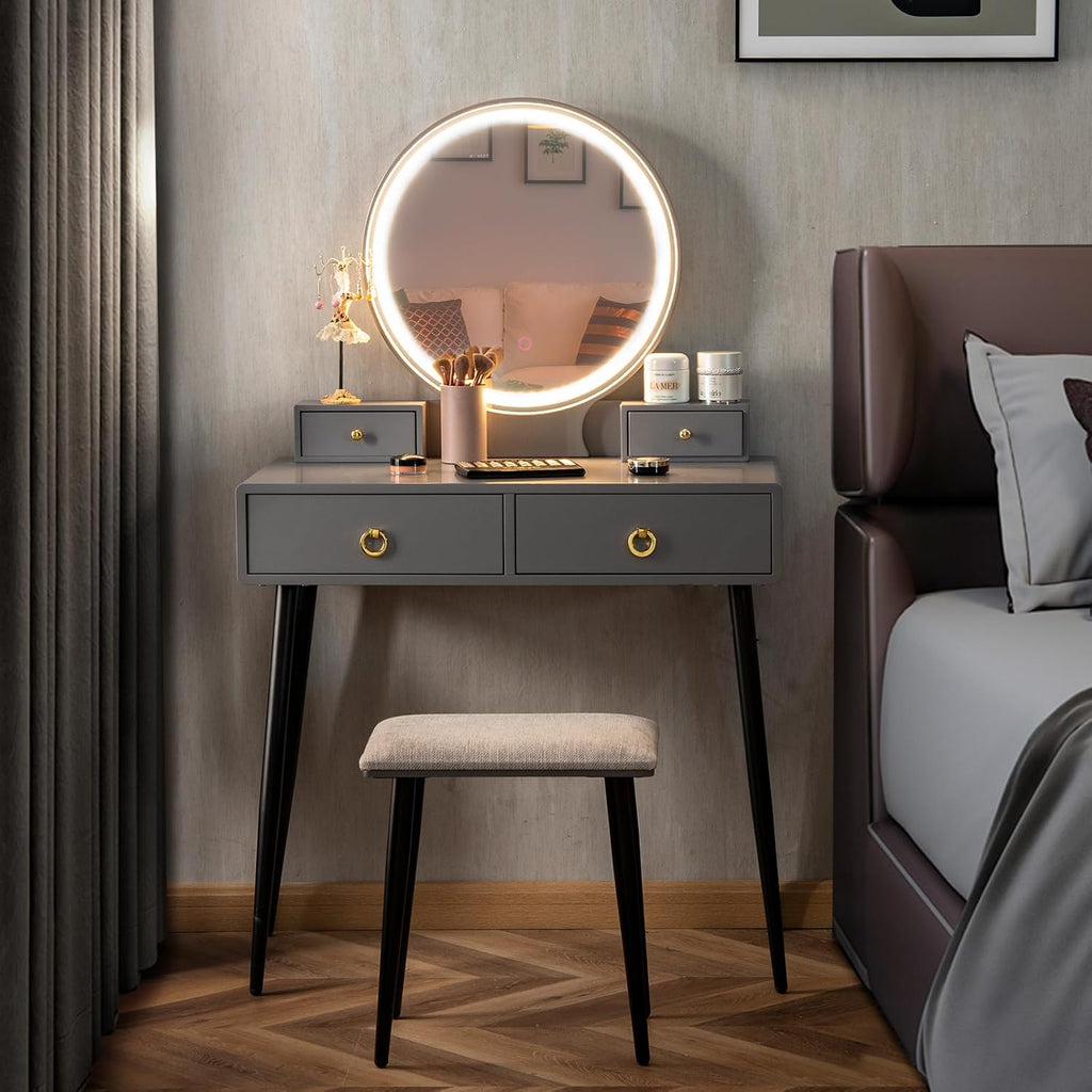 COSTWAY Vanity Table Set with Mirror and Lights, Makeup Dressing Table w/ 3 Color Lighting Modes & Adjustable Brightness, Vanity Mirror with Desk and Cushioned Stool for Women Girls (Grey & Black)