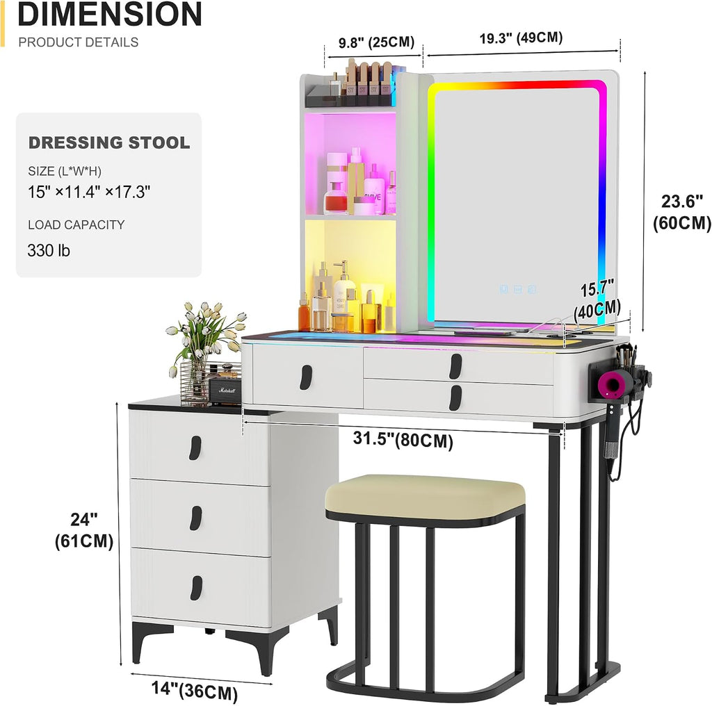 RGB Vanity Desk with Mirror and Lights, Glass Top Makeup Vanity Table with Wireless Charging Station, Dressing Table with Chair & 6 Drawers (White)