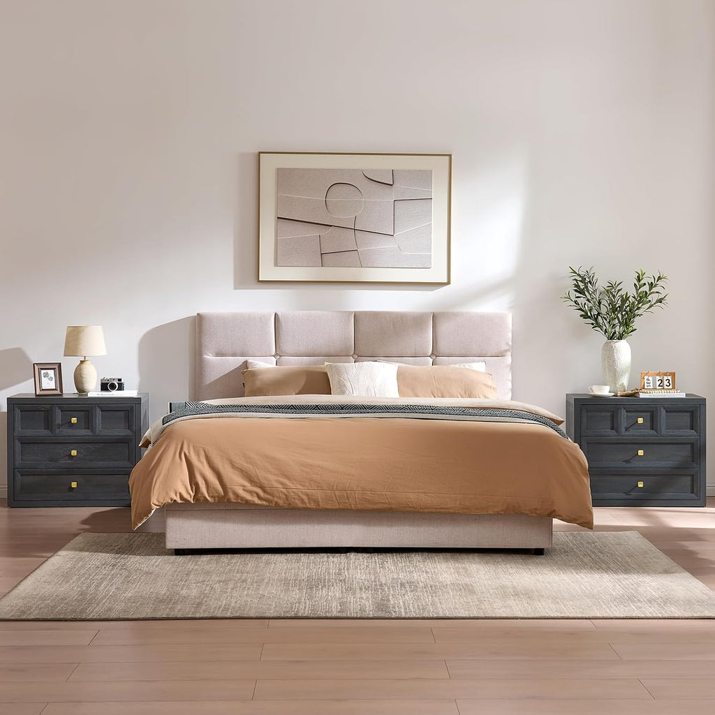 3 Drawers Nightstand W/Charging Station, 30.7' W King Size Bedside Table with 3 Drawers, Accent End Table W/Large Storage, Modern Wood Side Table for Bedroom,Office (1Piece, Gray Black)