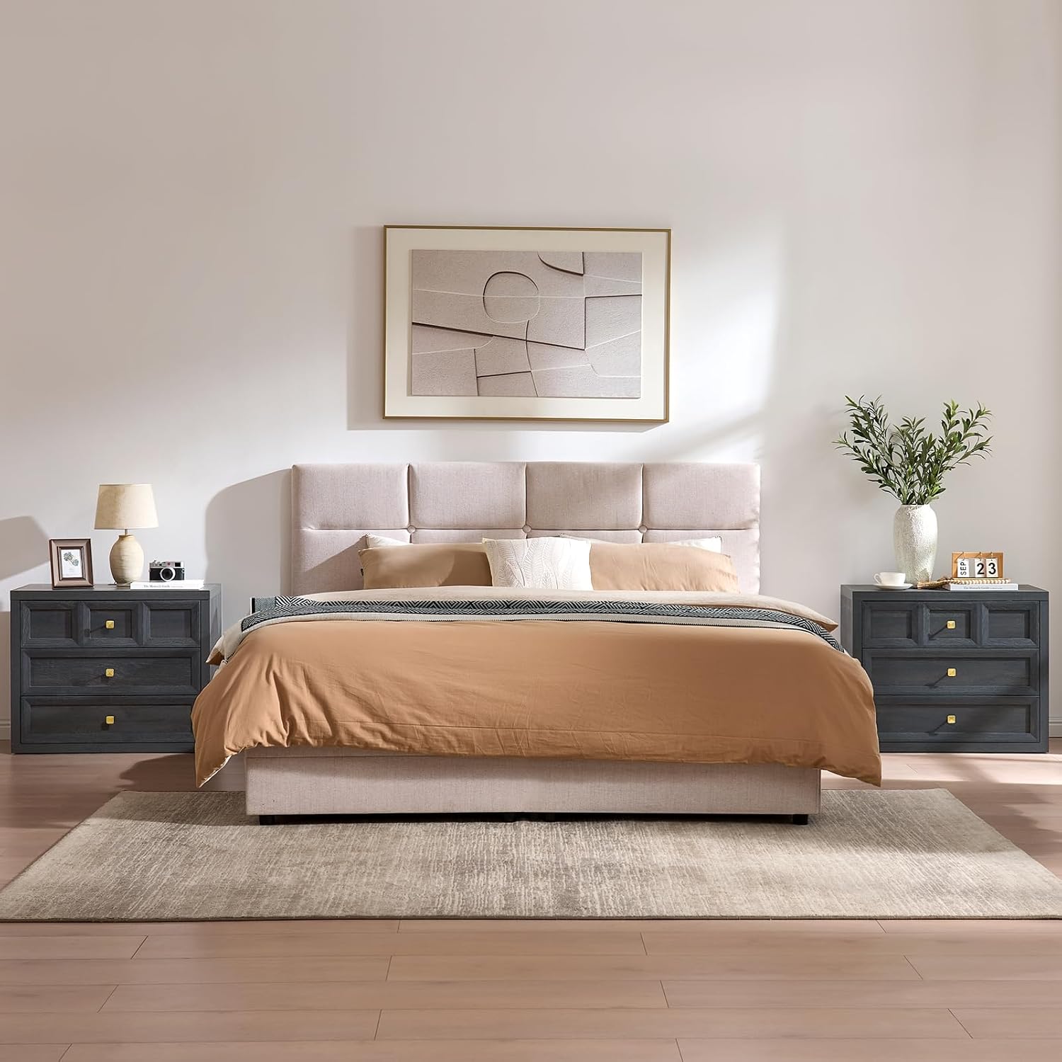 3 Drawers Nightstand W/Charging Station, 30.7' W King Size Bedside Table with 3 Drawers, Accent End Table W/Large Storage, Modern Wood Side Table for Bedroom,Office (1Piece, Gray Black)
