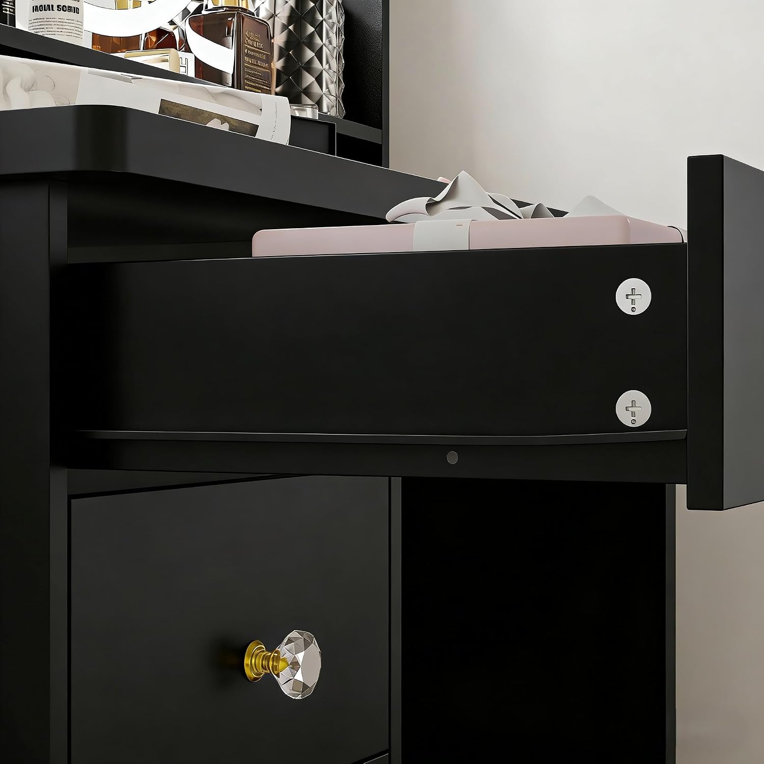 FUFU&GAGA Black Vanity Set with Round Lighted Mirror, Makeup Vanity Bedroom Dressing Table with 5 Drawers, Shelves, Dresser Desk and Cushioned Stool