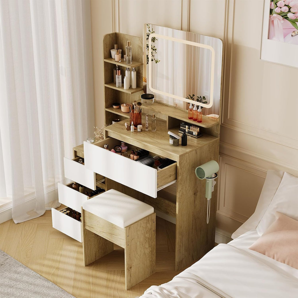 Makeup Vanity Desk with Mirror and Lights with Drawers, Power Outlet, USB Ports, Stool, Dressing Table with 3 Lighting Color Adjustable for Bedroom, Women,