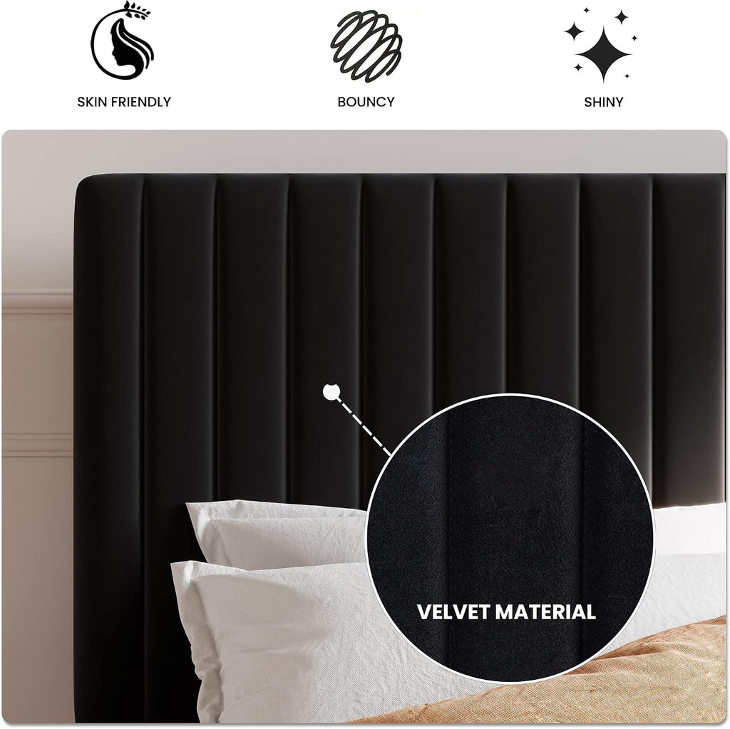 SHA CERLIN King Upholstered Platform Bed Frame with Adjustable Headboard/Vertical Channel Tufted Velvet Fabric/Wooden Slats Support/Mattress Foundation/Box Spring Optional/Black