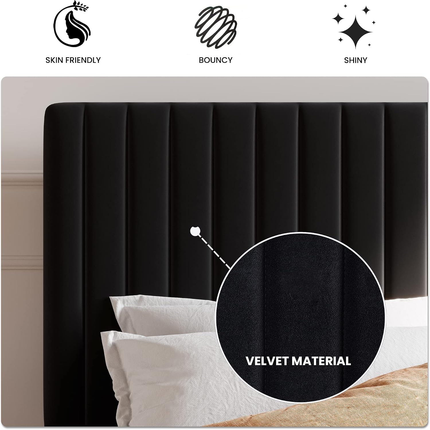 SHA CERLIN King Upholstered Platform Bed Frame with Adjustable Headboard/Vertical Channel Tufted Velvet Fabric/Wooden Slats Support/Mattress Foundation/Box Spring Optional/Black