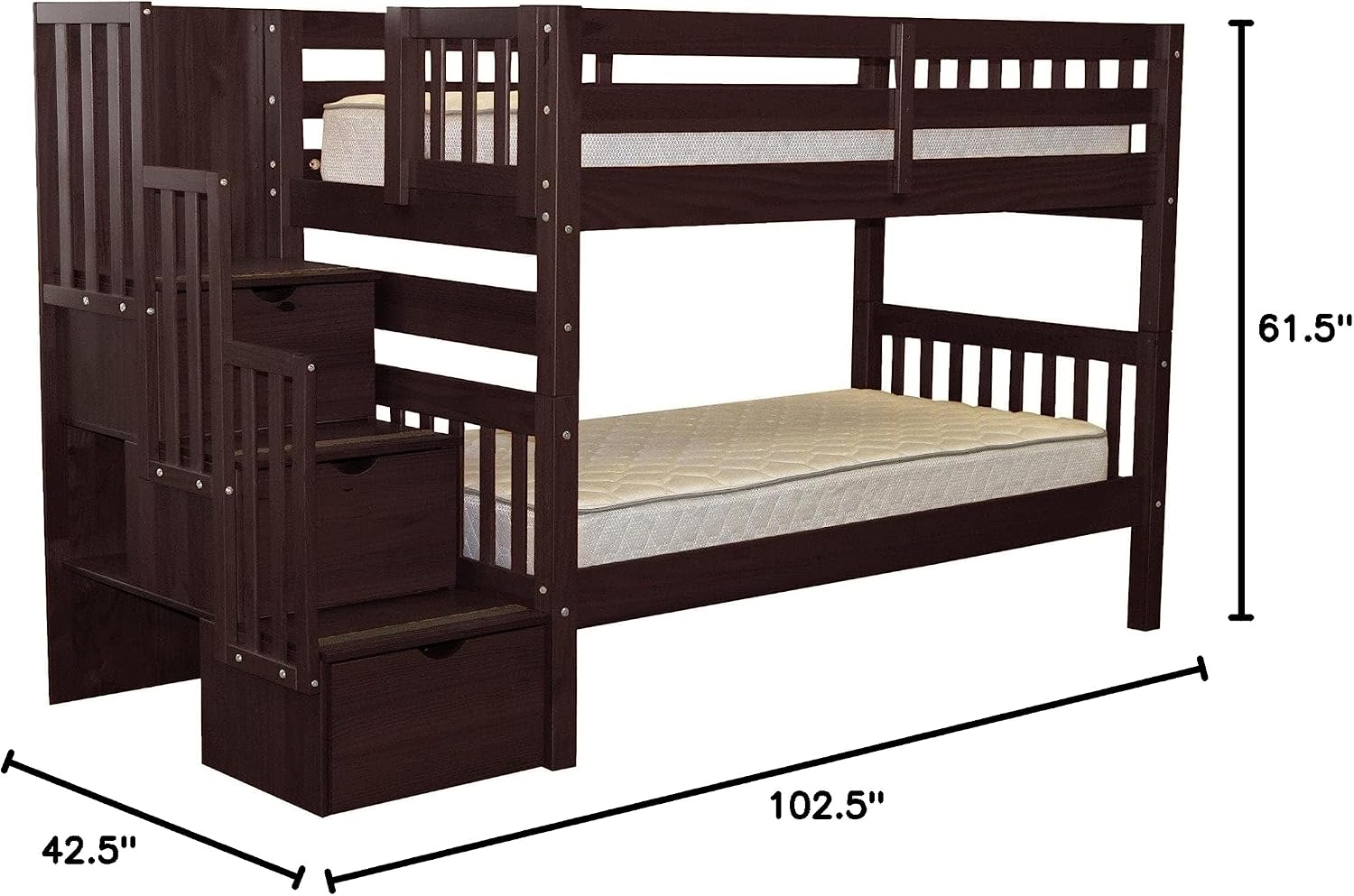 Bedz King Stairway Bunk Beds Twin Over Twin, 3 Step Drawers, Dark Cherry