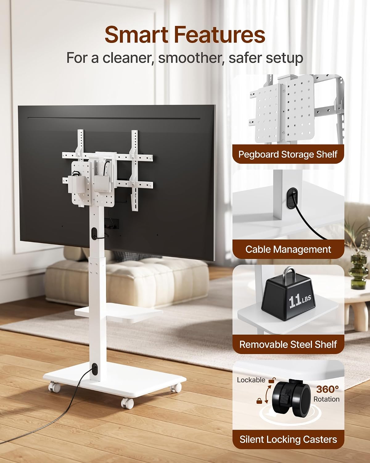 Steel Base Rolling TV Stand for 37-86 Inch TVs up to 110 lbs, Rotating & Tilt & Swivel Mobile TV Stand with Pegboard Storage Panel, Height Adjustable Portable TV Cart with Steel Shelf, White
