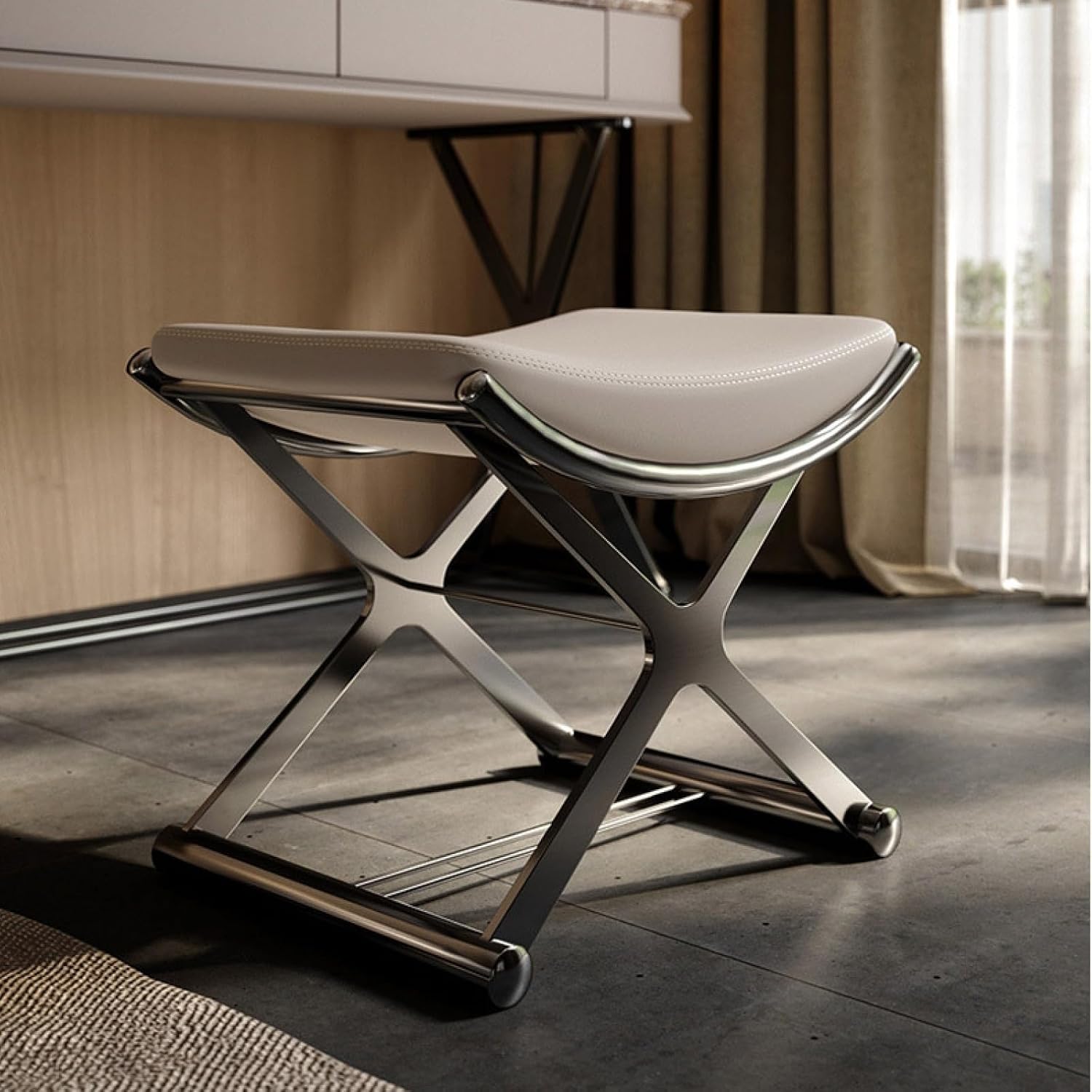 Leather Ottoman Vanity Stool with Metal X Legs, Multifunctional Padded Seat for Makeup, Living Room, Bathroom