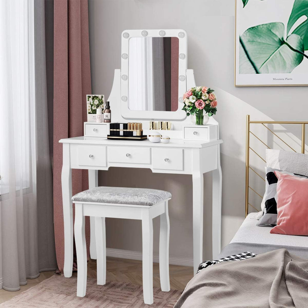 DORTALA Vanity Table Set w/ 360-Degree Rectangular Mirror & Cushioned Stool, Makeup Table w/ 10 LED Dimmable Bulbs, Bedroom Wood Dressing Table w/ 5 Drawers & Removable Box Organizer, White