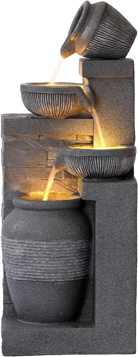 Grepatio Outdoor 4-Tiers Water Fountain, Garden Cascading Waterfalls Fountain with LED Lights, 32' H Modern Indoor/Outdoor Bowl Waterfall Feature Water Fountains for Garden, Patio, Yard Decor (Grey)