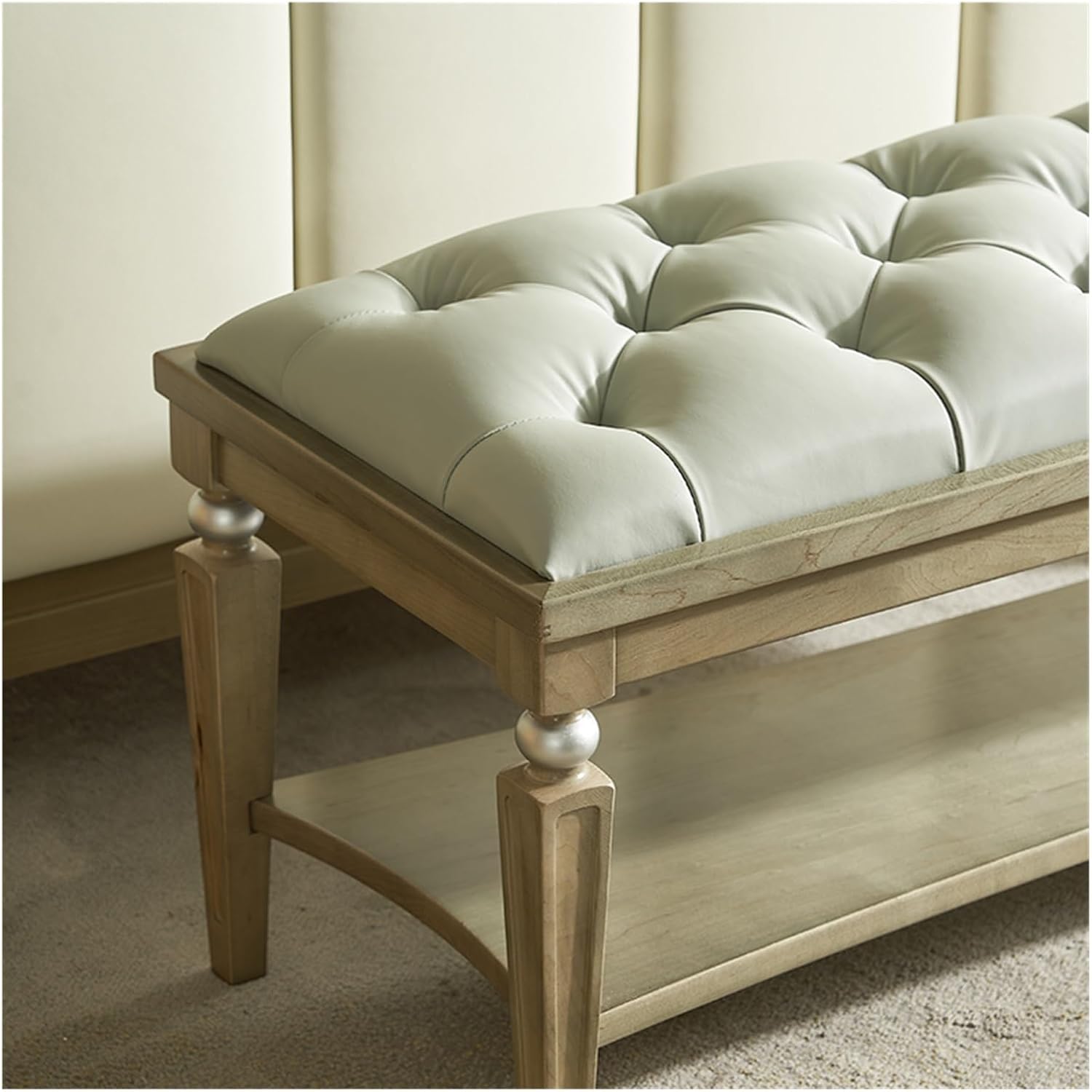 End of Bed Bench Upholstered Bench,Bedroom Bench for End of Bed, Dining Bench Entryway Shoe Bench with Button Tufted Padded Seat for Living Room, Vanity Bench Foot-Stool with Carved Wood Legs, Gray En