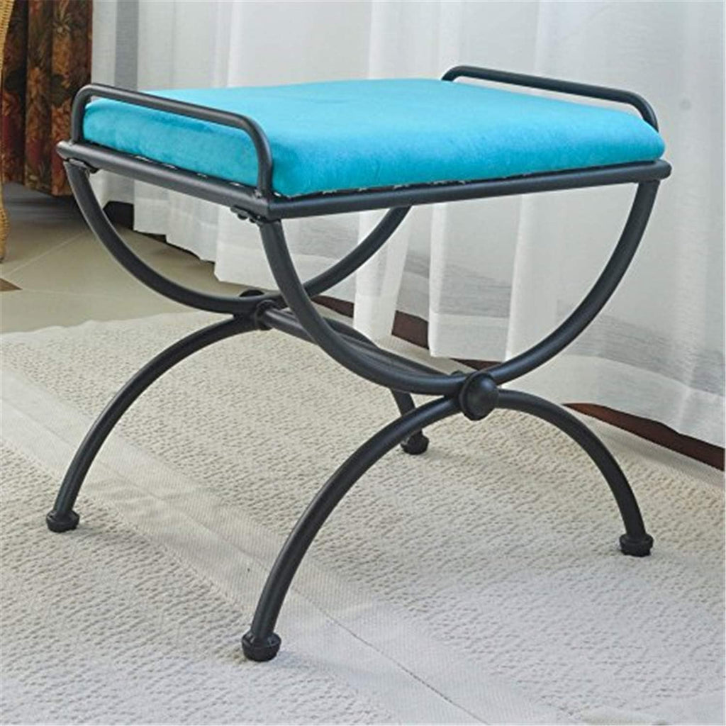 Pemberly Row Iron Vanity Bench, Aqua Blue Finish, Powdercoated Iron Frame, Microsuede Cushion, Hand-Made Style, 17' H x 21' W x 16' D, Perfect for Dressing Rooms or Bedroom Furniture