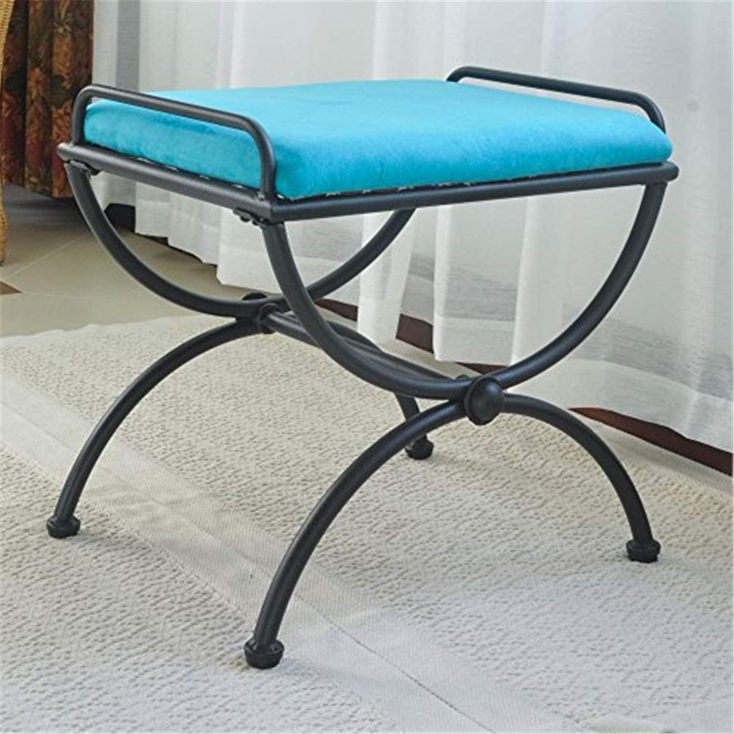Pemberly Row Iron Vanity Bench, Aqua Blue Finish, Powdercoated Iron Frame, Microsuede Cushion, Hand-Made Style, 17' H x 21' W x 16' D, Perfect for Dressing Rooms or Bedroom Furniture