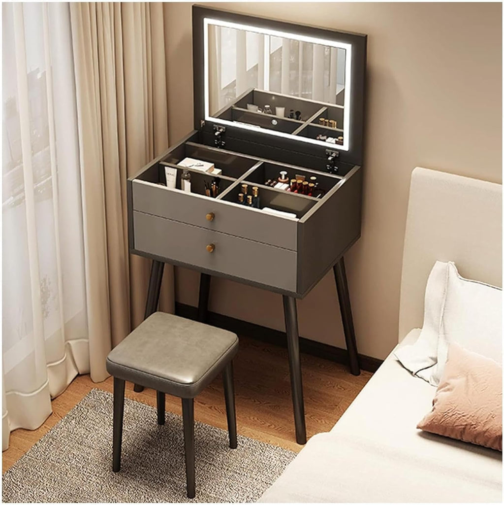 Rieort Vanity Desk MDF Vanity Table Set with Flip Top Lighted Mirror Makeup Table Cushioned Stool Home Nightstand Vanity Benches