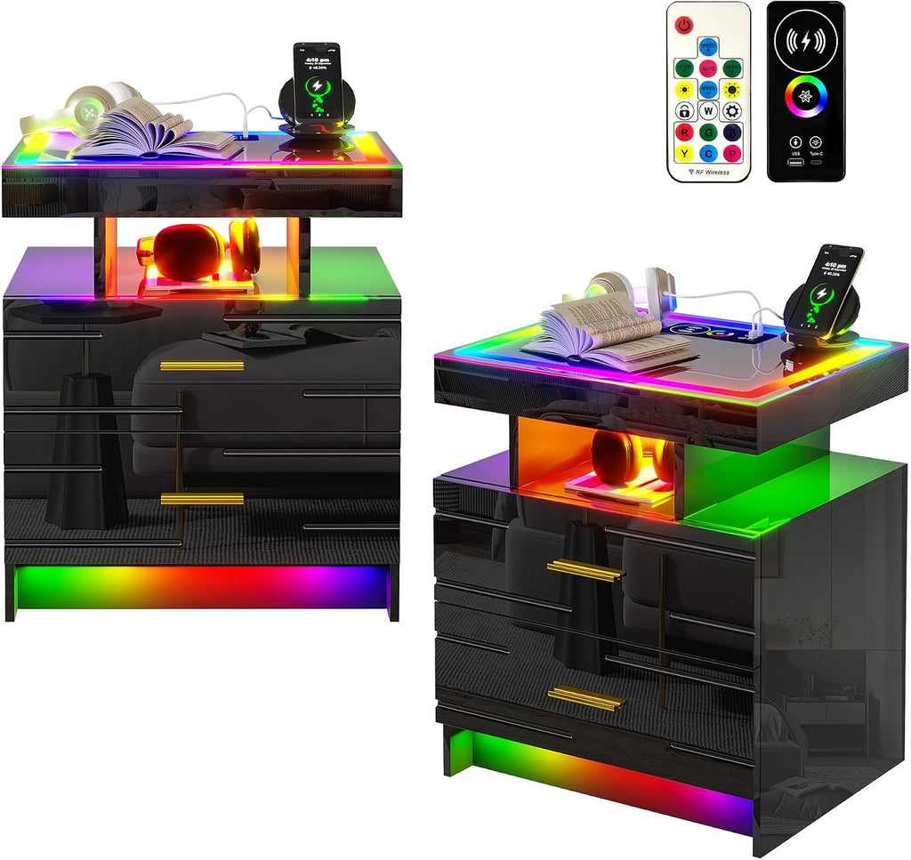 WOOVIVS Nightstand Set of 2 with RGB Lighst, LED Night Stand Set 2 with Wireless+USB+Type-C Charging Station, Smart Bedside Table with 2 Drawer,Remote,High Gloss Side Table for Bedroom -Black