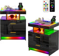 WOOVIVS Nightstand Set of 2 with RGB Lighst, LED Night Stand Set 2 with Wireless+USB+Type-C Charging Station, Smart Bedside Table with 2 Drawer,Remote,High Gloss Side Table for Bedroom -Black